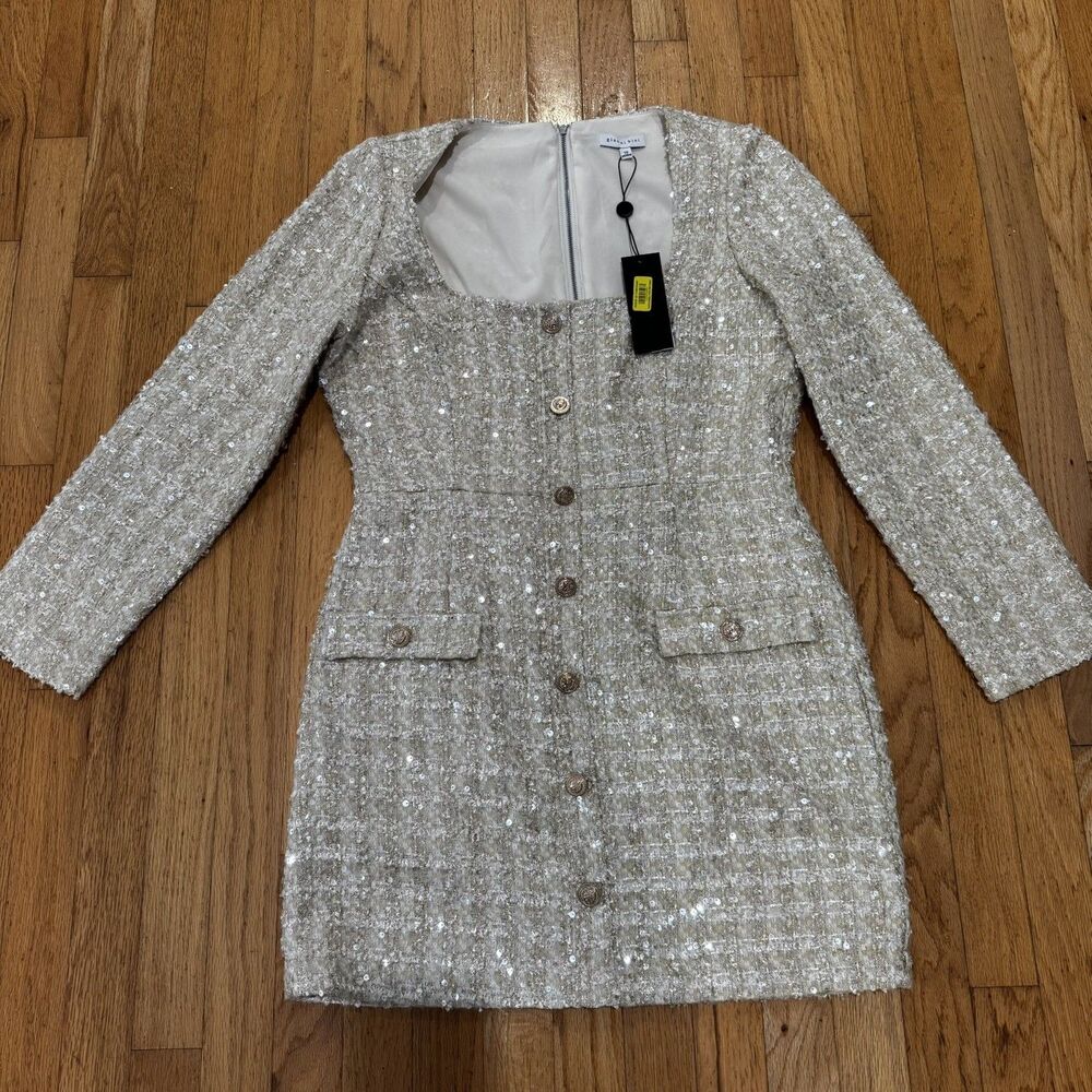 Gianni Binni Lissy sequin button tweed scoop neck mini dress party new years New